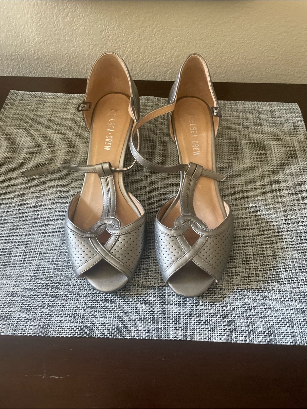 chelsea crew Silver Peep-Toe T-Strap Heels